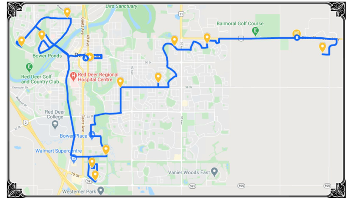 2020 Red Deer Christmas Light Tour Initial Route