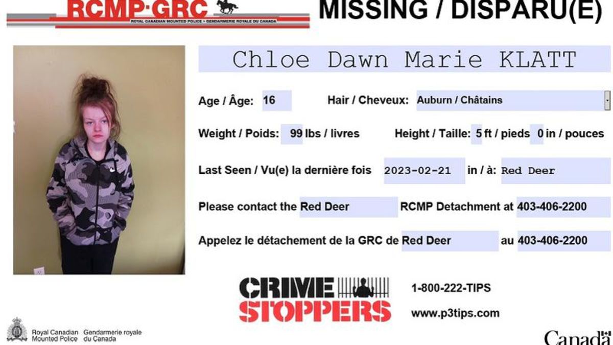 Missing Chloe Dawn Marie Klatt, 16, of Red Deer CHAT News Today